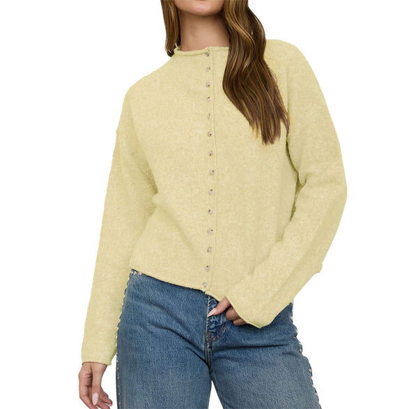The Workshop Studio Women's Raw Edge Mock Neck Button Down Cardigan Sweater