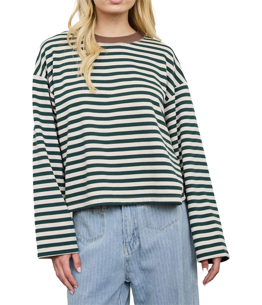 JOA Women's Stripe Long Sleeve Boxy Knit Top