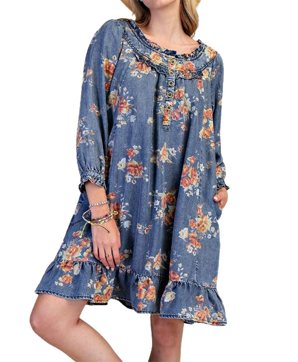 Easel Dress Floral Washed Chambray Dress