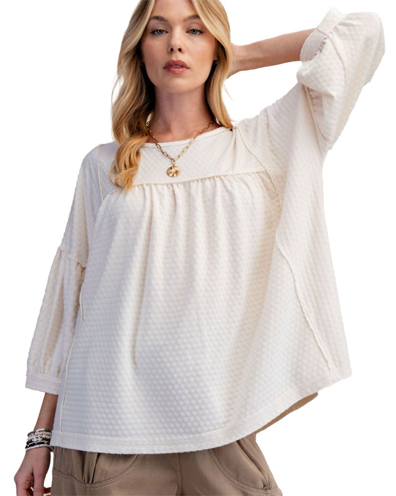 Easel Bubble Sleeve Textured Knit Top