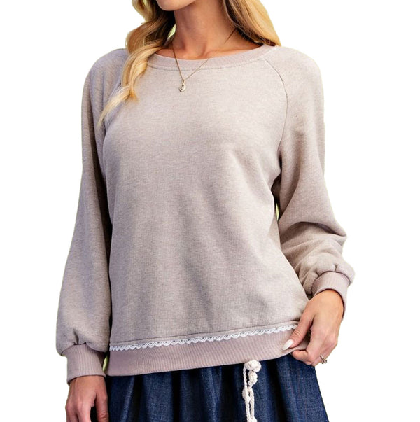 Easel Lace Back Terry Knit Pullover