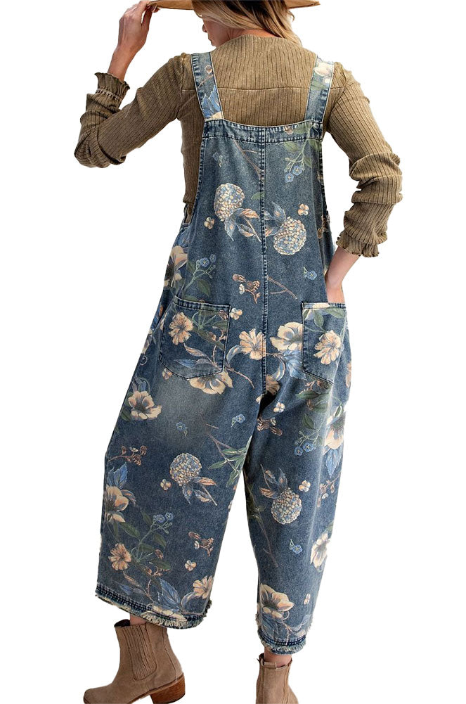 Easel Flower Printed Washed Denim Overalls