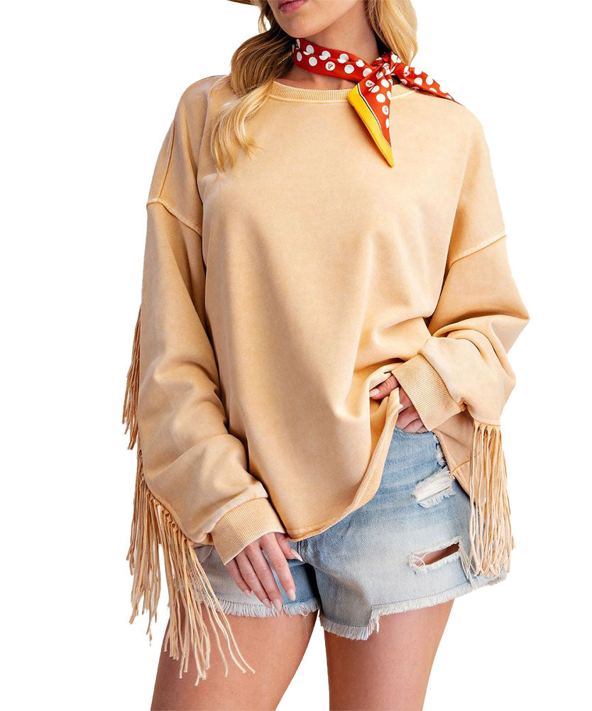 Easel Self Fringe Washed Terry Pullover