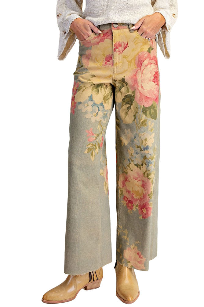 Easel Floral Print Enzyme Washed Stretch Twill Pants