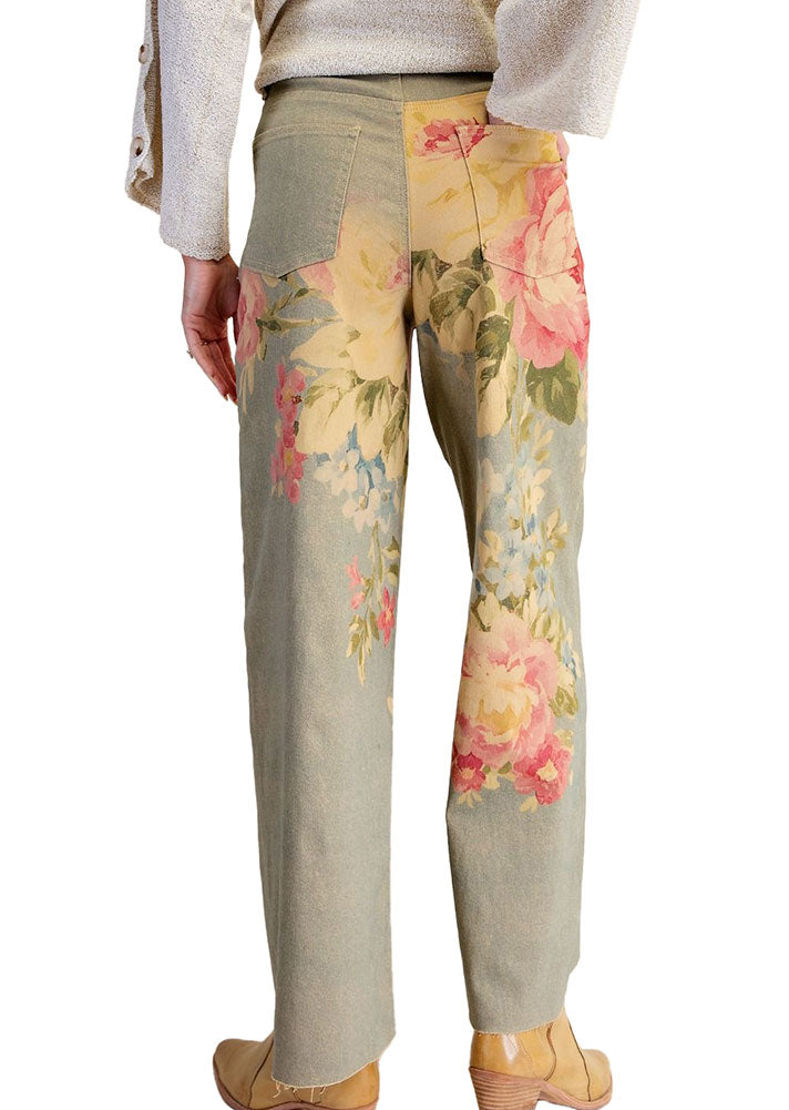 Easel Floral Print Enzyme Washed Stretch Twill Pants