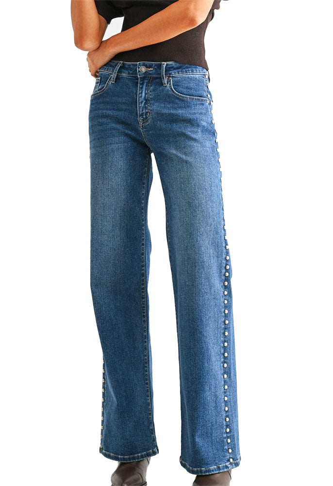 Mica Denim Women's Mid-rise Wide Leg Embellished Jeans