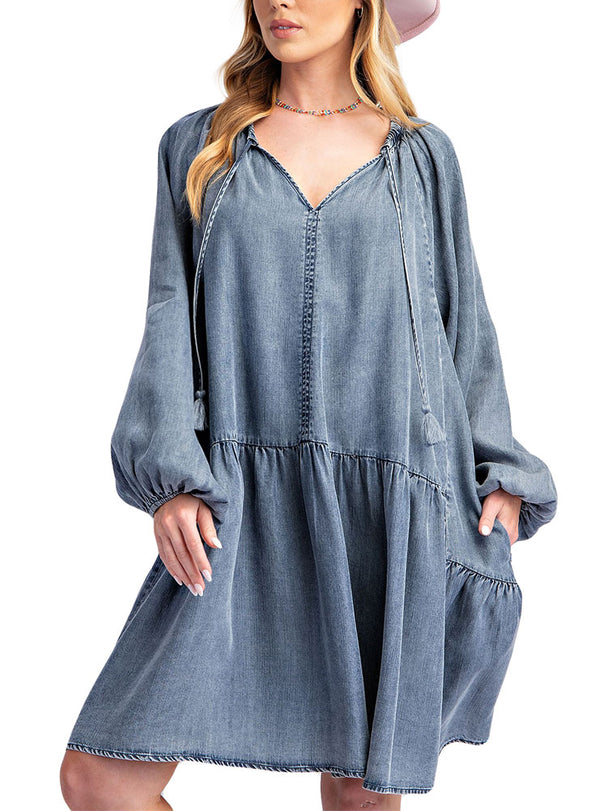 Easel Washed Denim Tiered Dress