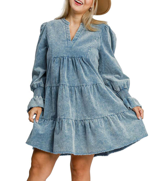 Umgee USA Stone Washed Corduroy Tiered Dress