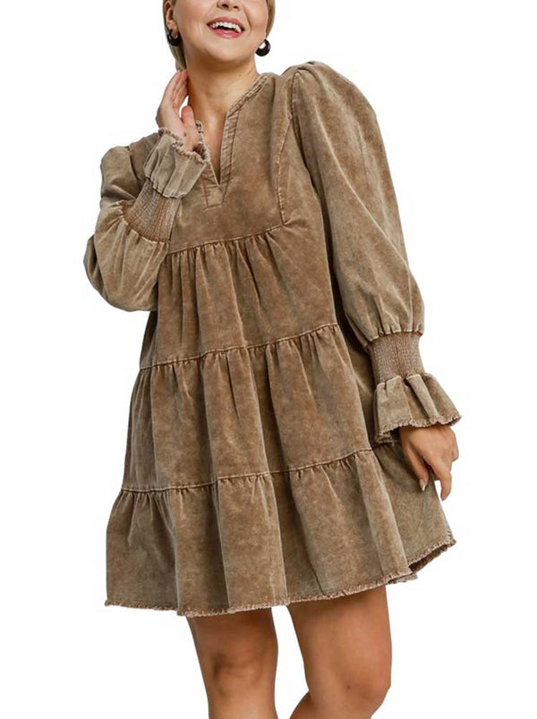 Umgee USA Stone Washed Corduroy Tiered Dress