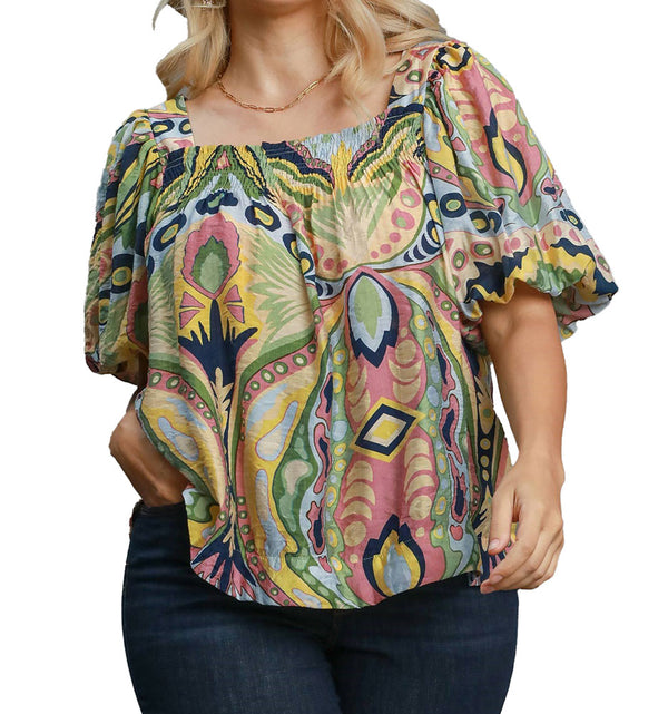 Umgee USA Abstract Print Square Neck Top
