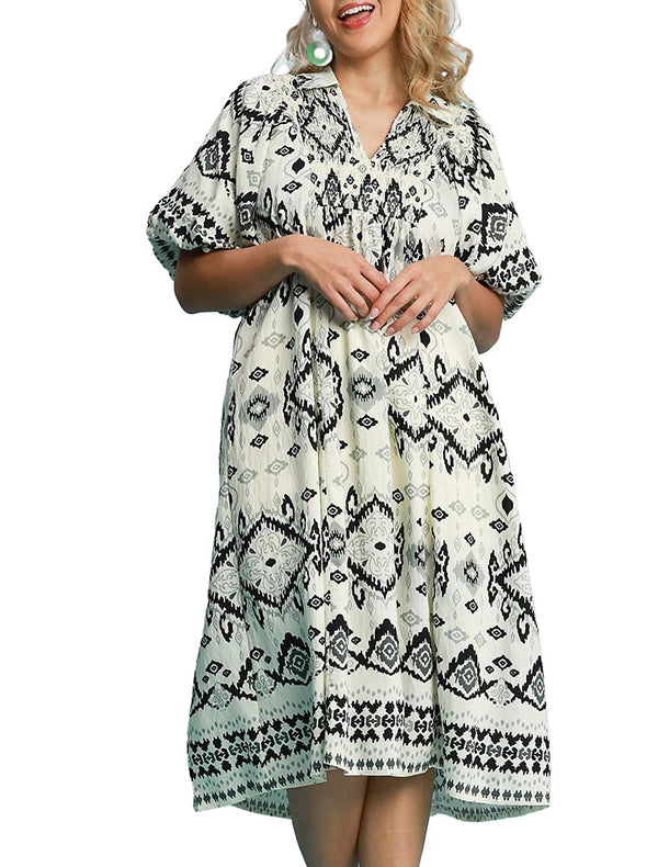 Umgee USA Border Print Midi Dress with Smocking Details
