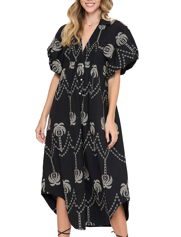 Umgee USA Palm Tree Embroidered Midi Dress