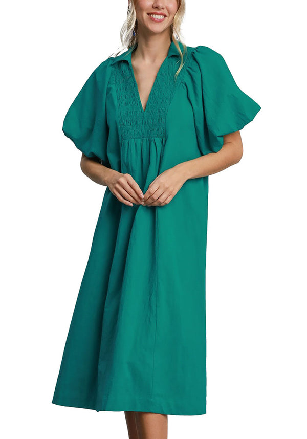 Umgee USA Smocked Front Yoke Midi Dress