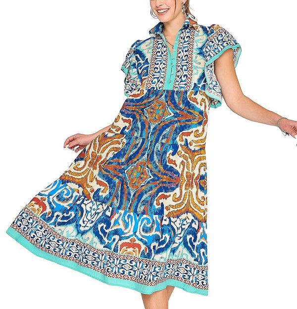 Umgee USA Collared Boarder Print Midi Dress