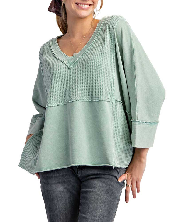 Easel Mineral Washed Thermal V Neck Knit Top