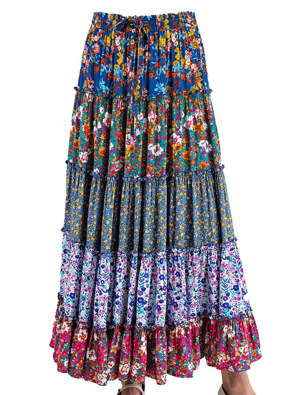 Easel Print Mix Tiered Maxi Skirt