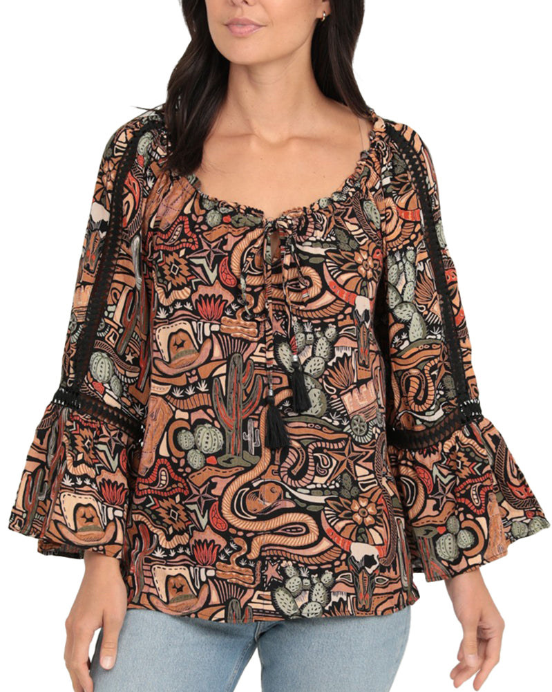 Lola P Cactus Western Print Lace Trim Bell Sleeve Top