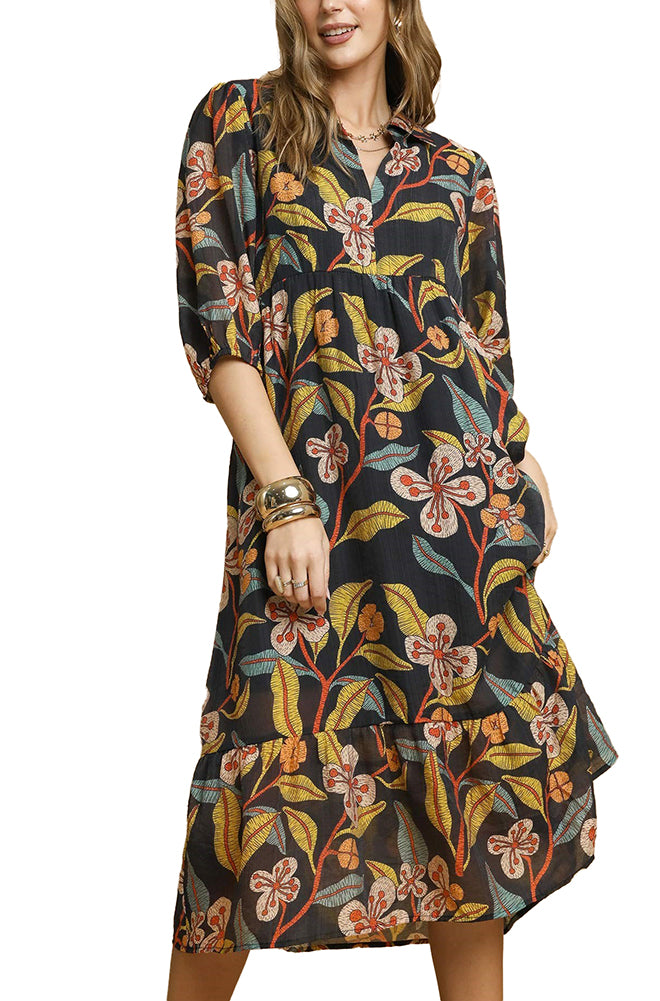 Umgee USA Mix Floral Tiered Midi Dress