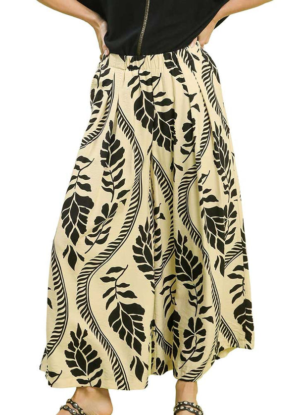 Umgee USA Tropical Leaf Print Wide Leg Pants