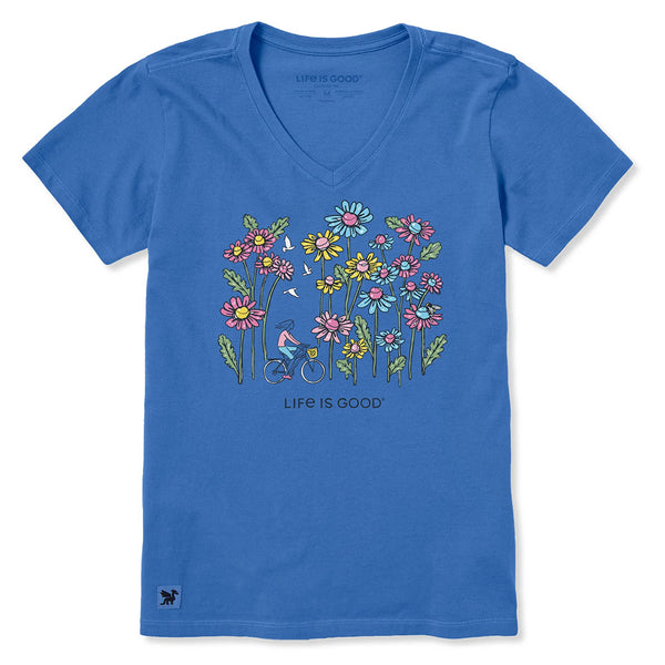 Life Is Good Women's Biking with Doves and Daisies Crusher-LITE V-Neck