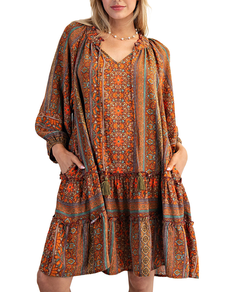 Easel Printed Rayon Ruffle Bottom Dress