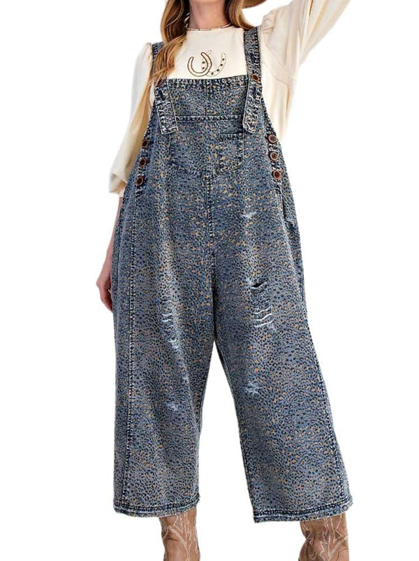 Easel Romper Animal Printed Washed Denim Overalls