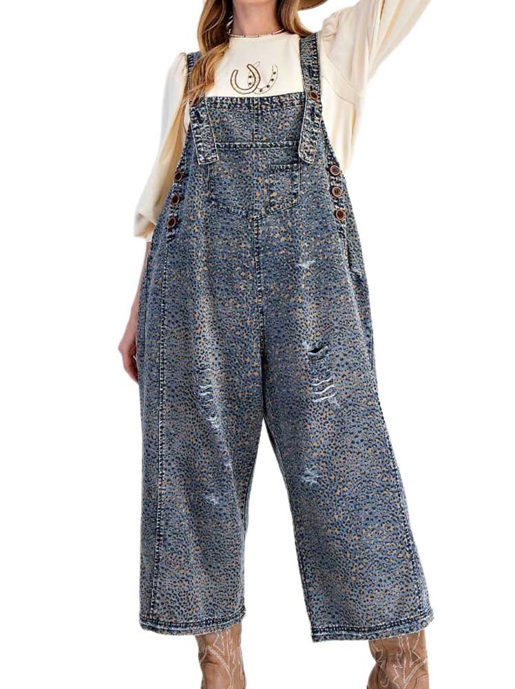 Easel Romper Animal Printed Washed Denim Overalls