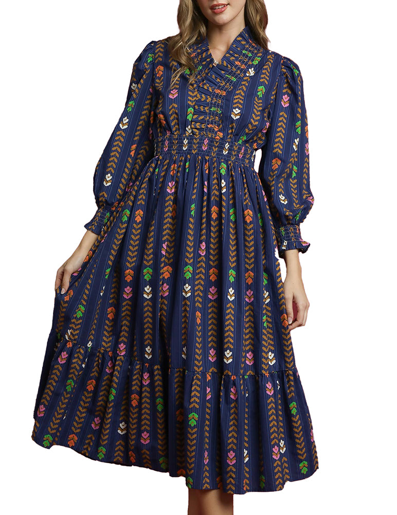 Umgee Stripped Floral Print Midi Dress