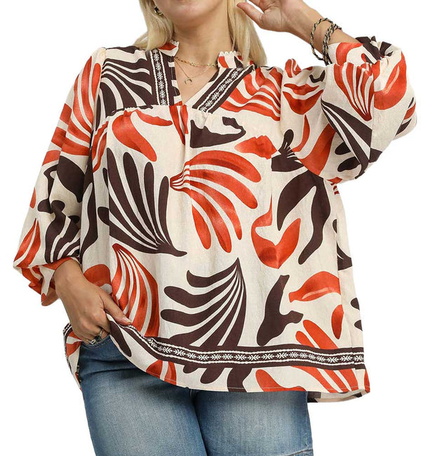 Umgee USA Boho Leaf Print Blouse