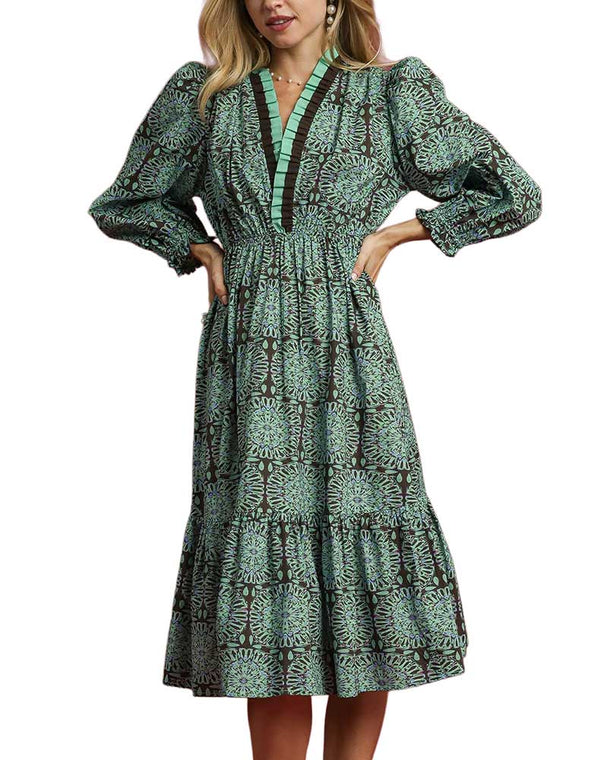 Umgee USA Smocked Print Waist Midi Dress