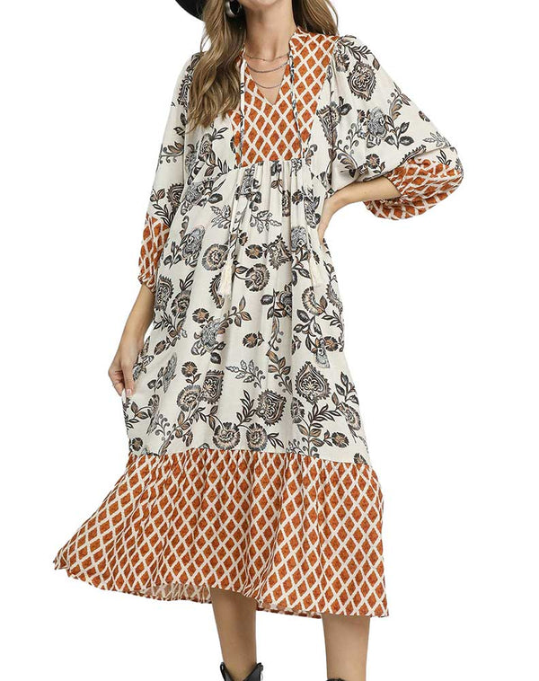 Umgee USA Mixed Print Boho Maxi Dress