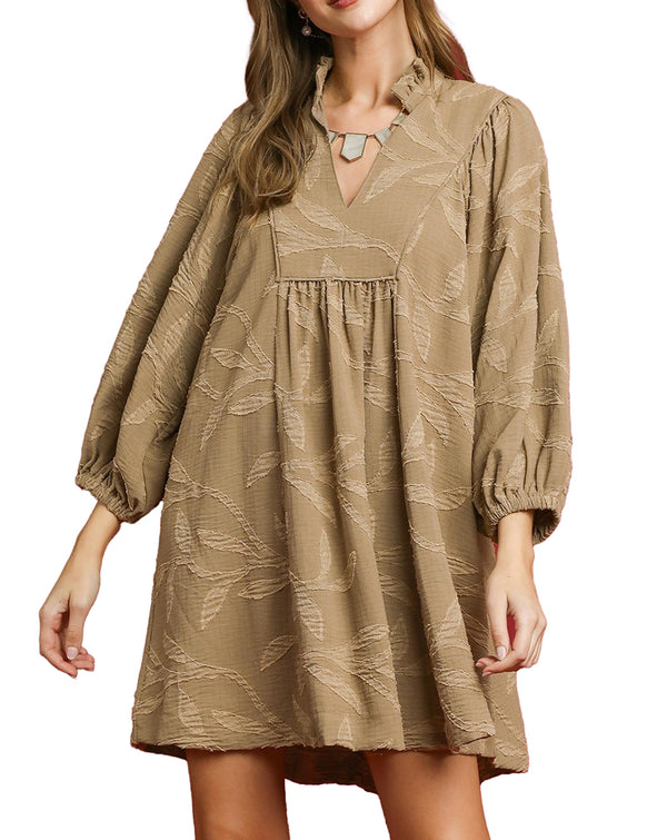 Umgee USA Jacquard High Ruffle Neck Dress