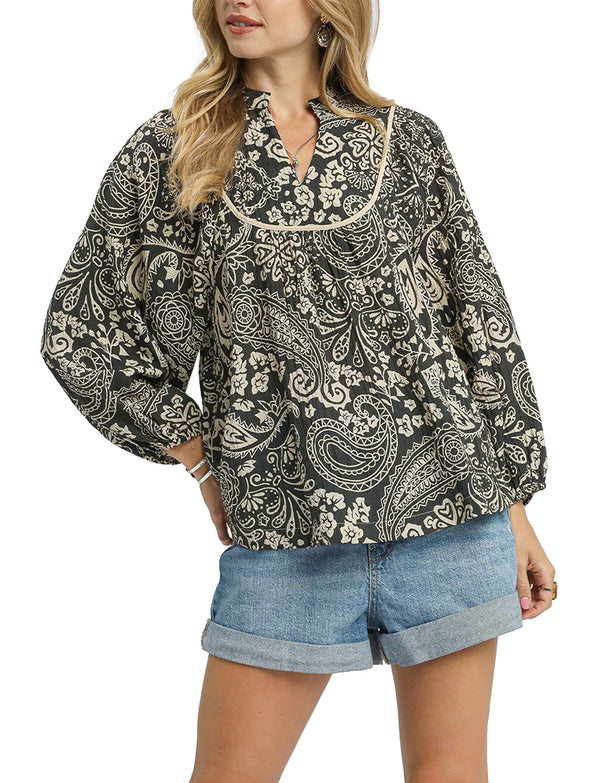 Umgee USA Boho Paisley Pintuck Blouse