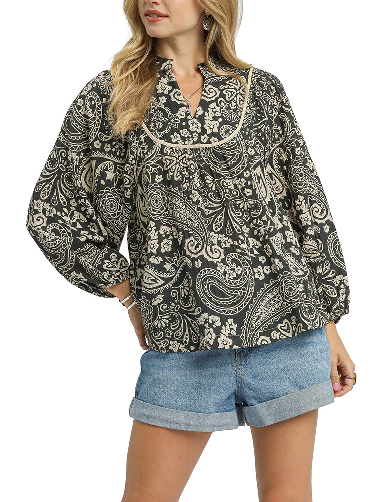 Umgee USA Boho Paisley Pintuck Blouse