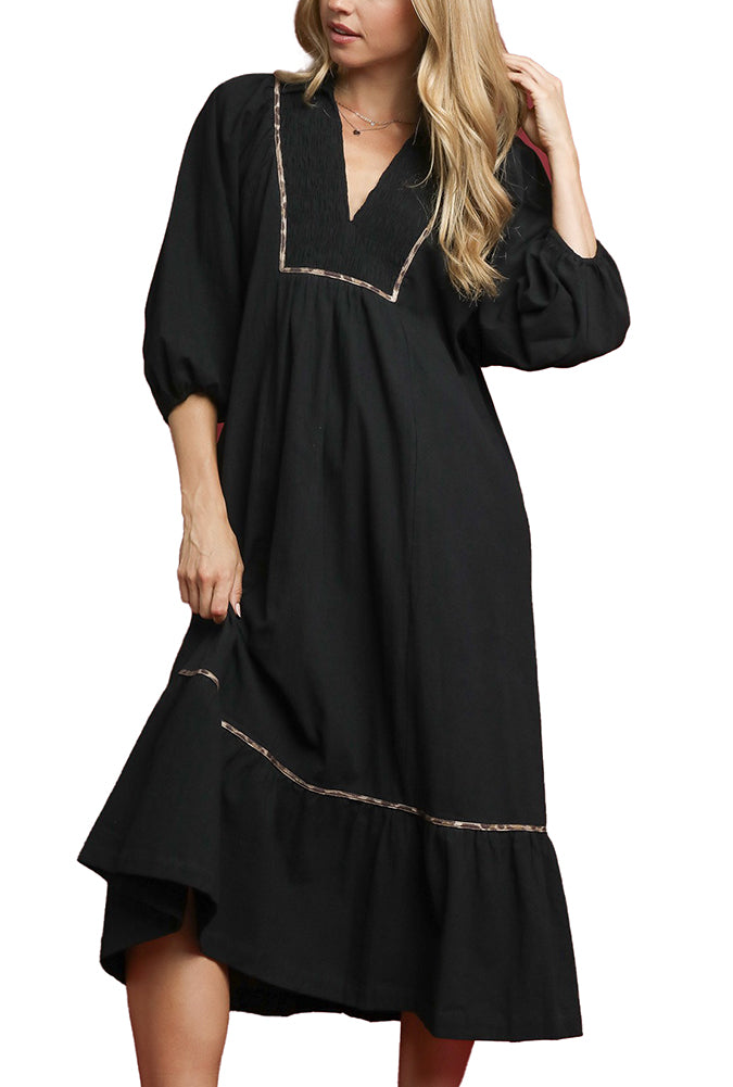 Umgee USA V Neck Collared Midi Dress