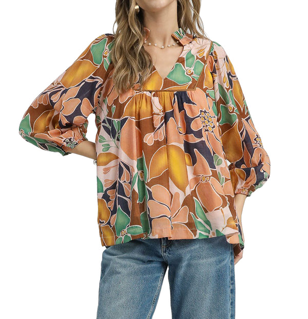Umgee USA Multicolor Abstract Floral Print Blouse with Ruffle Neck