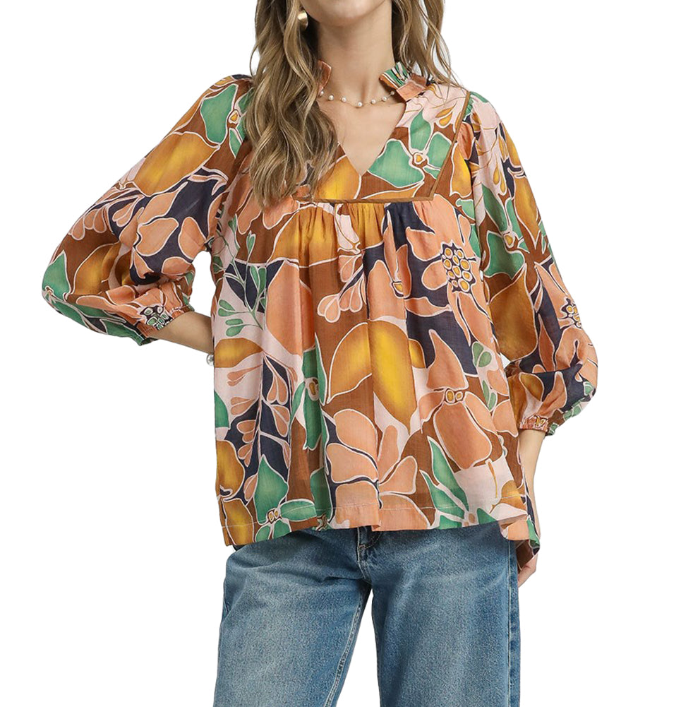 Umgee USA Multicolor Abstract Floral Print Blouse with Ruffle Neck