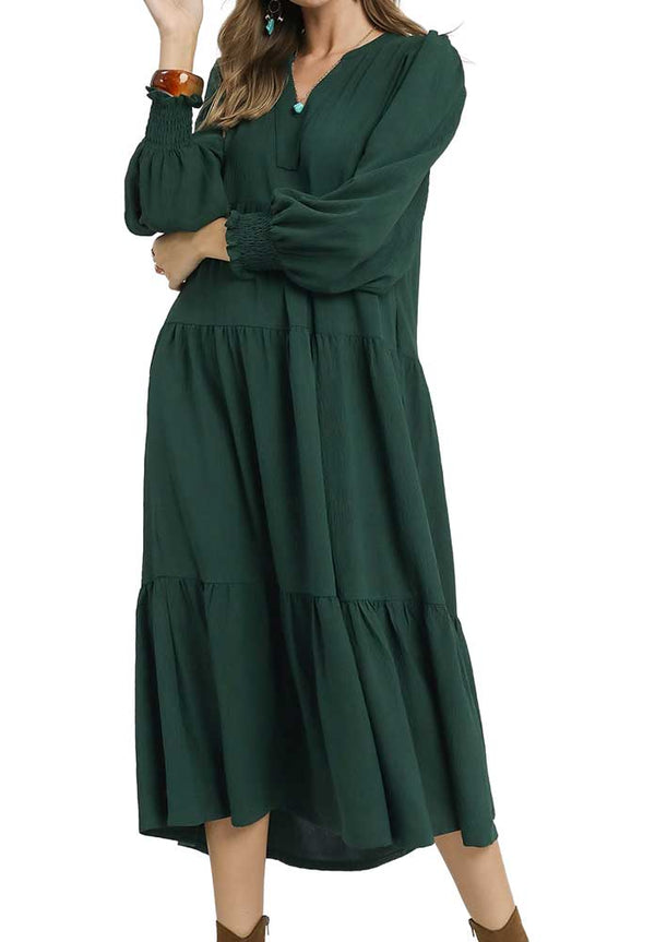 Umgee USA Tiered Midi Dress Smocked Cuffs