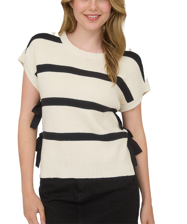 Blu Pepper Stripe Side Tie Short Sleeve Knit Sweater