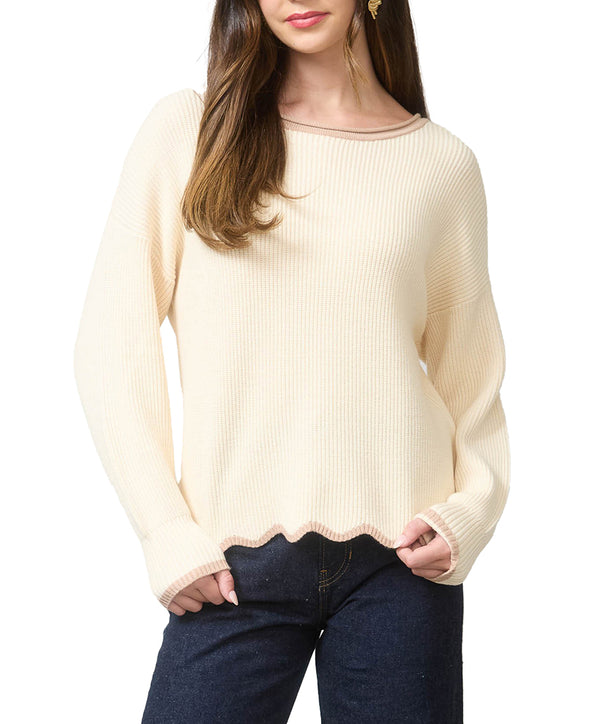 Blu Pepper Contrast Scallop Trim Knit Pullover Sweater