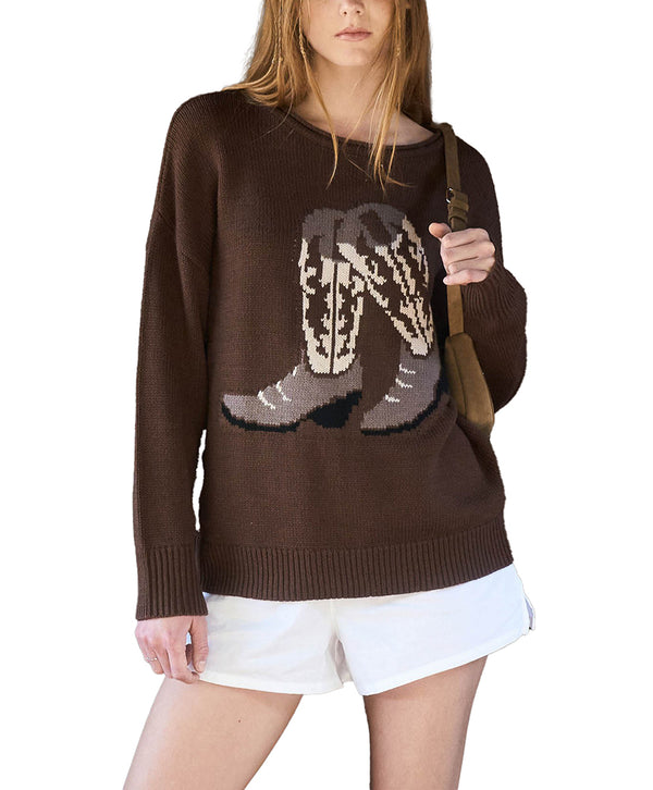 Blu Pepper Western Boot Jacquard Long Sleeve Knit Sweater