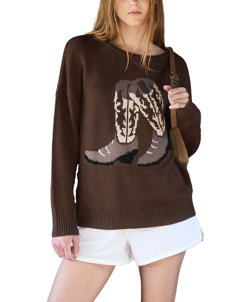 Blu Pepper Western Boot Jacquard Long Sleeve Knit Sweater