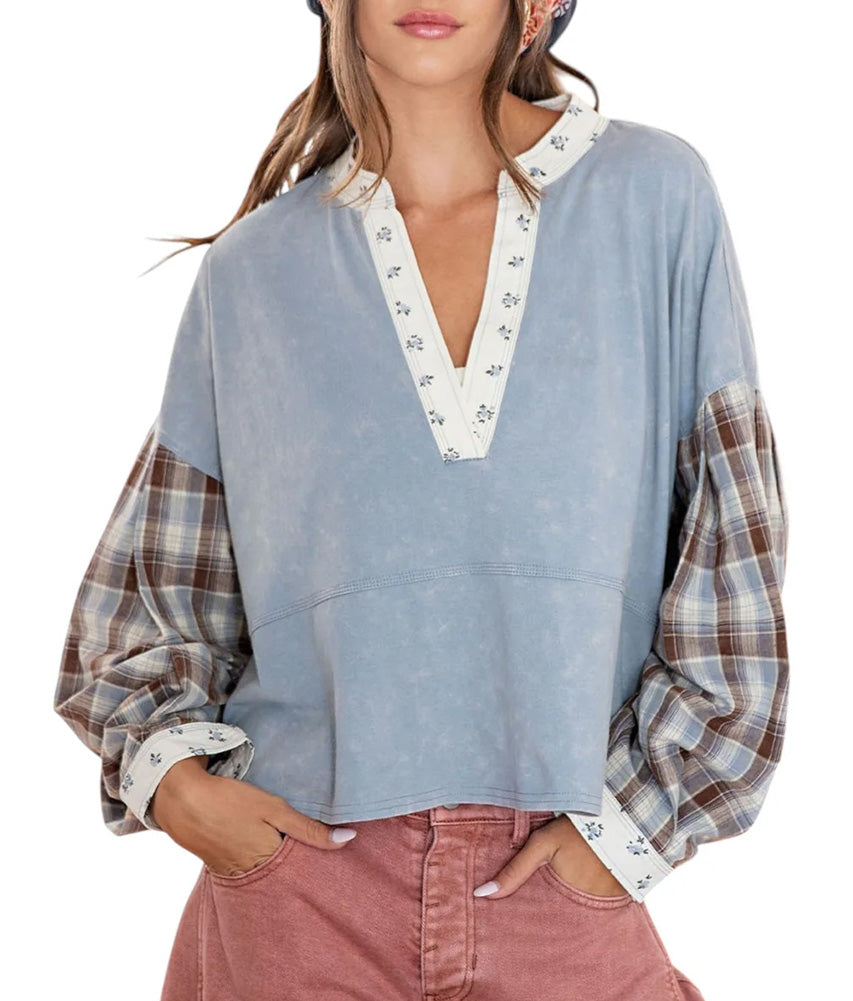 ee:some Floral Trim Plaid Top