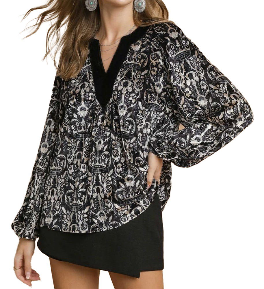 Umgee USA Velvet Jacquard Boho Blouse