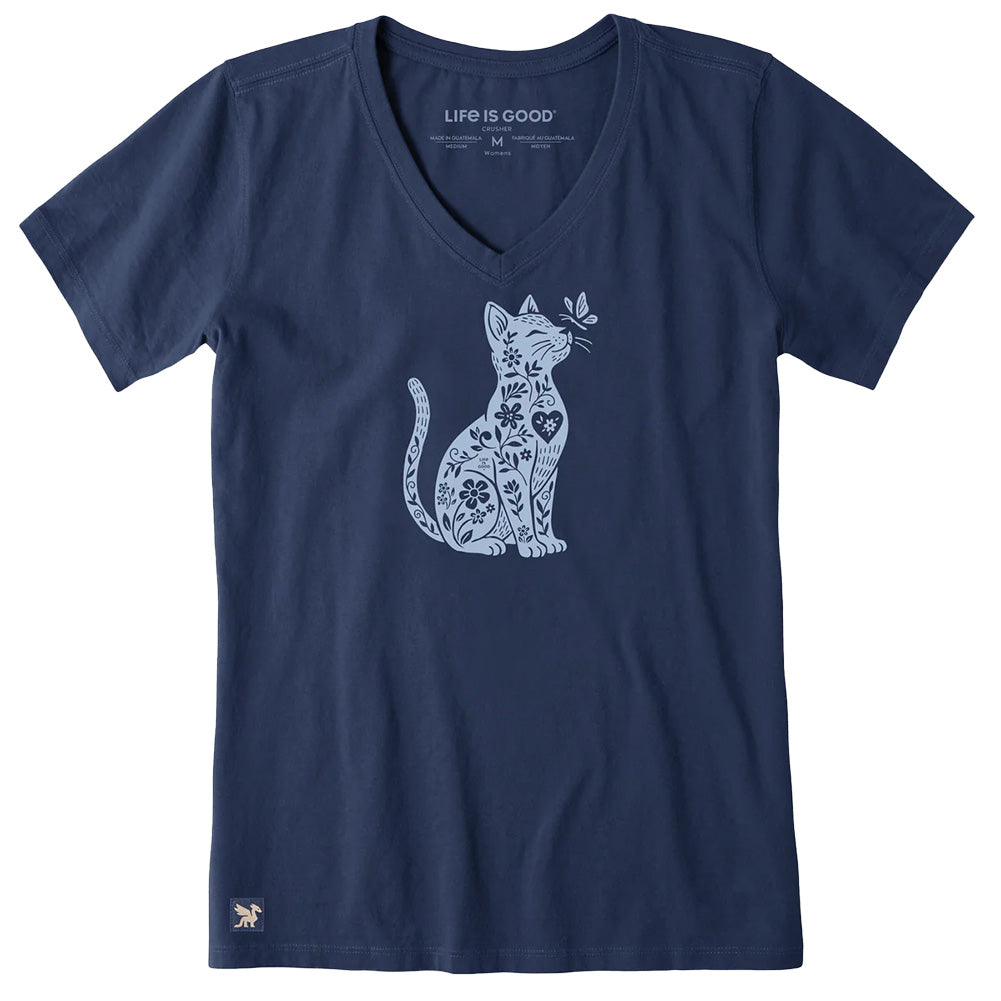 Life Is Good Ladies Botanicat Crusher V-Neck T-Shirt