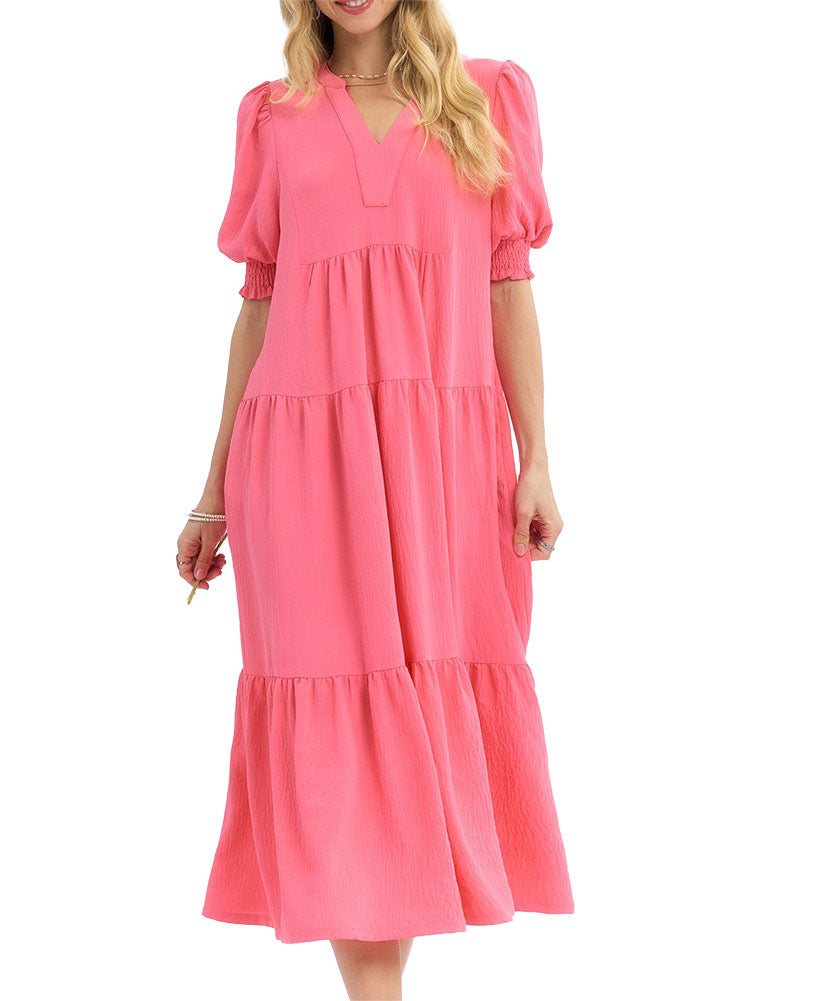 Umgee USA Solid V-Neck Tiered Midi Dress