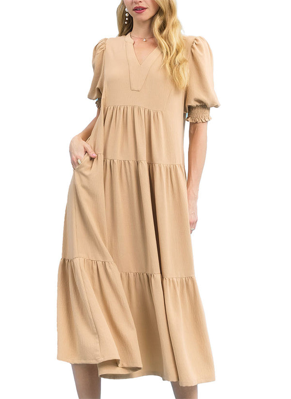 Umgee USA Solid V-Neck Tiered Midi Dress