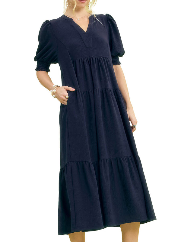 Umgee USA Solid V-Neck Tiered Midi Dress