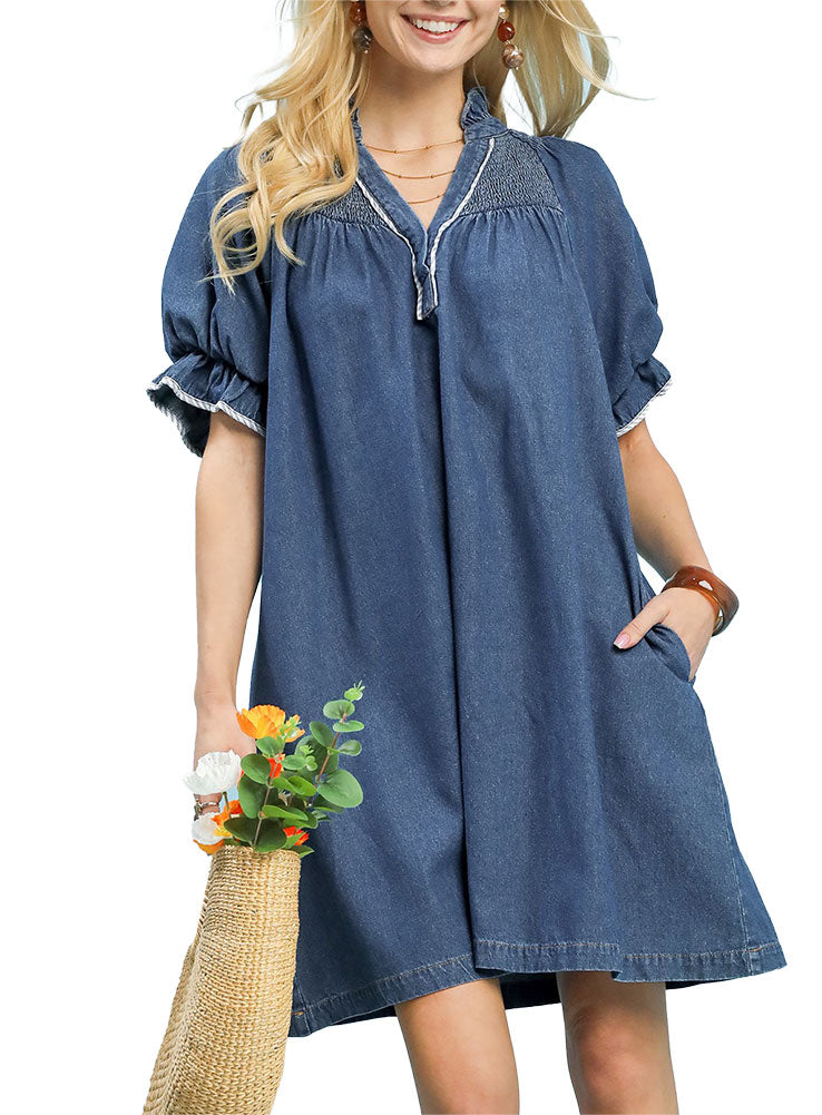 Umgee USA Smocked Denim Boho Puff Sleeve Dress