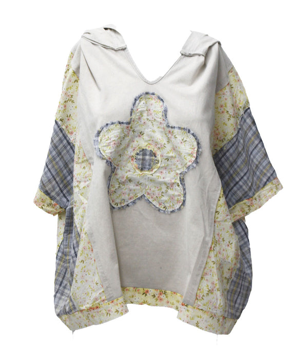 Easel 3/4 Plaid Flower Hooded Blouse